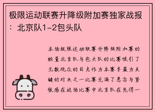 极限运动联赛升降级附加赛独家战报：北京队1-2包头队